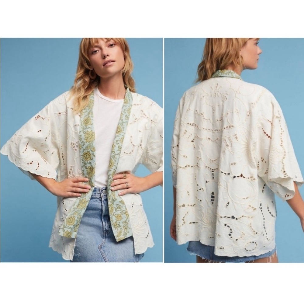 Anthropologie Cream Eyelet Kimono with Green Trim